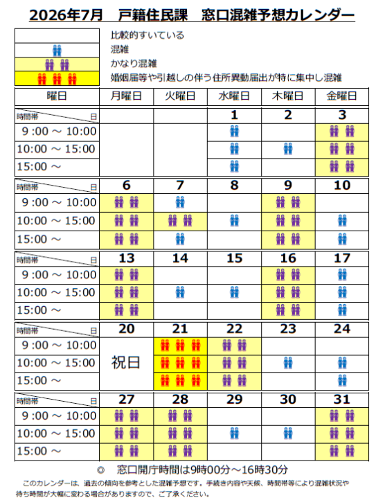 2026年7月窓口混雑予想カレンダー