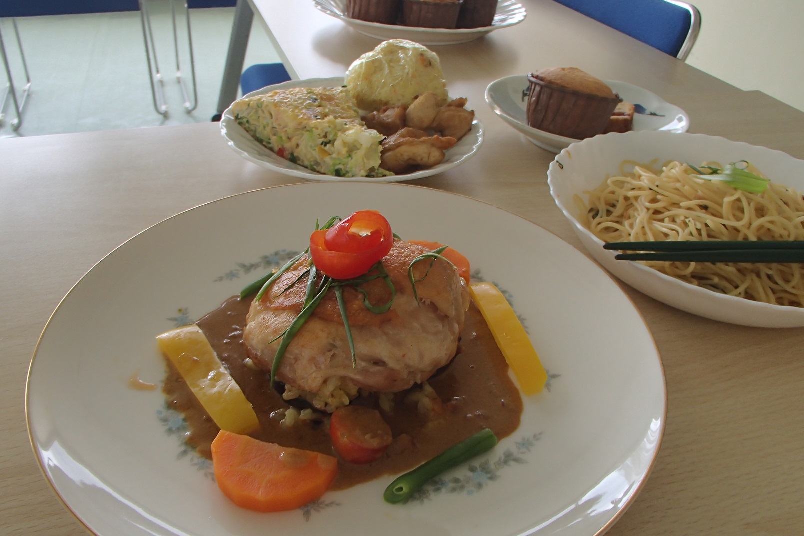 7月メニューちりめん山椒のスパゲティほか