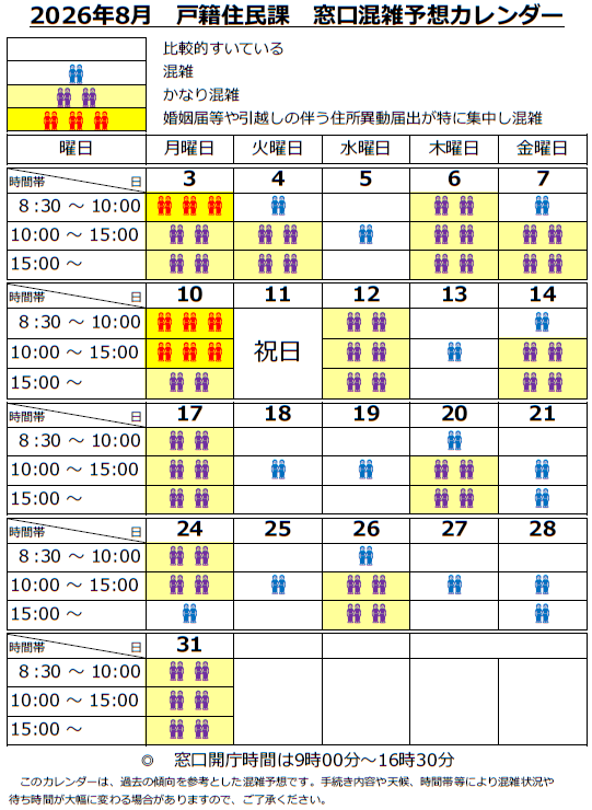 2026年8月窓口混雑予想カレンダー