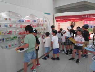 ヤクルト工場の展示を見学する小学生