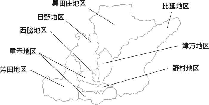 西脇市の各地区の位置を示した地図